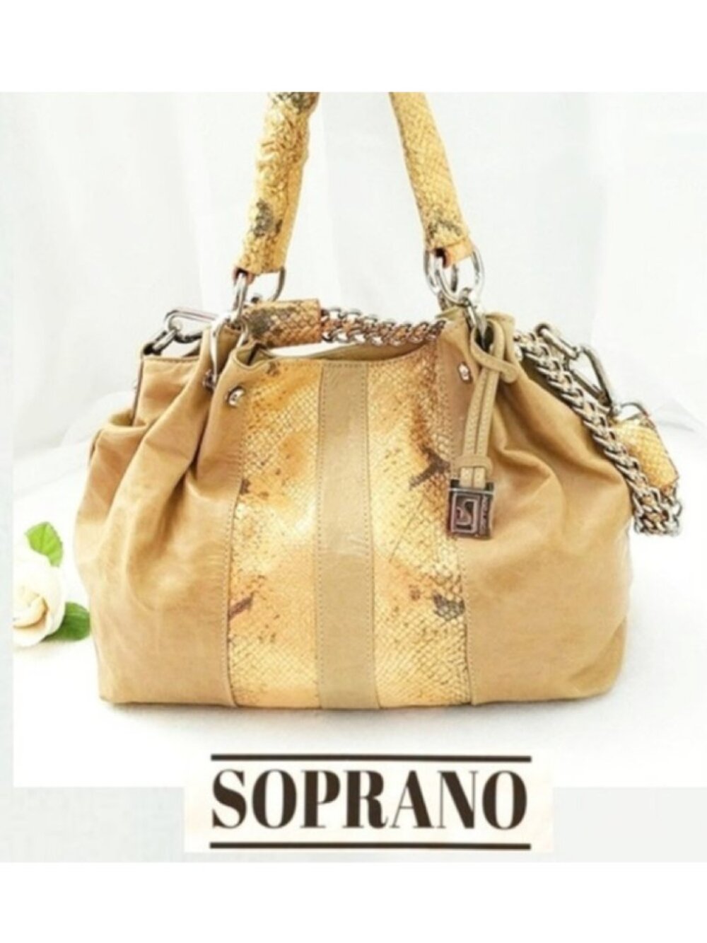 SOPRANO Tan Taupe Orange Soft Leather Satchel Purse Braided Chain Shoulder Bag